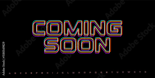 COMING SOON RGB glitch phrase. Neon distorted word in cyber interface style for teaser, launch promo or upcoming event screen. Vector illustration.