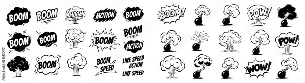 Line speed cartoon effect, boom explosive motion action set. Comic boom burst, explosive smoke, line speed cartoon vector element. Hand drawn sketch doodle line action effect. Vector illustration Line speed cartoon effect, boom explosive motion action set. Comic boom burst, explosive smoke, line speed cartoon vector element. Hand drawn sketch doodle line action effect. Vector illustration