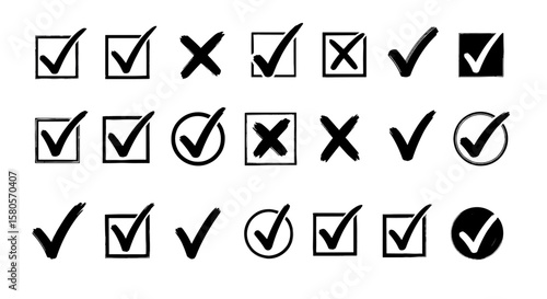 Check tick mark icon set. Cross box x check mark checkbox v list vector draw hand drawn sketch doodle brush marker checklist symbol wrong right circle. Vector Illustration
