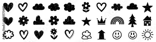 Cute line sketch heart, arrow, cloud decoration element icon set. Hand drawn sketch doodle cute star, tree, house element. Pen line text decoration scribble shape icon. Vector illustration.