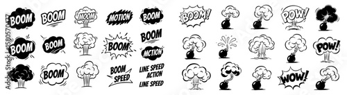 Line speed cartoon effect, boom explosive motion action set. Comic boom burst, explosive smoke, line speed cartoon vector element. Hand drawn sketch doodle line action effect. Vector illustration