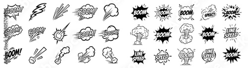 Line speed cartoon effect, boom explosion motion line element set. Comic boom burst, explosive smoke, line speed cartoon vector icon. Hand drawn sketch doodle action effects. Vector illustration