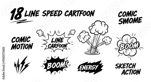 Line speed cartoon effect, boom explosive motion line element set. Comic boom burst, explosive smoke, line speed cartoon vector icon. Hand drawn sketch doodle action effect. Vector illustration