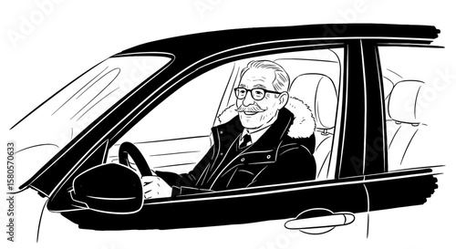 Old man driving car sketch illustration set. Hand drawn car sketch vector drawing. Car driver, vehicle transportation illustration. Hand drawn doodle man in car design. Vector illustration