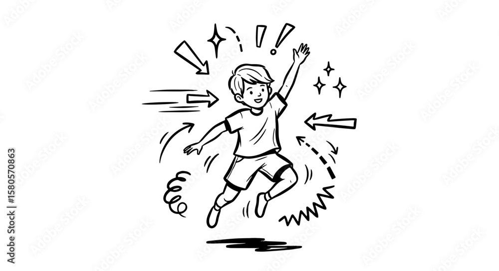 Fototapeta premium Line speed cartoon effect, boy jump celebration line element set. Comic boom burst, explosive smoke, line speed cartoon vector icon. Hand drawn sketch doodle action effect. Vector illustration