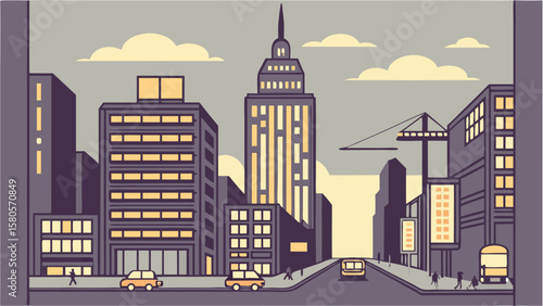 Stylized cityscape with tall buildings and busy streets at dusk