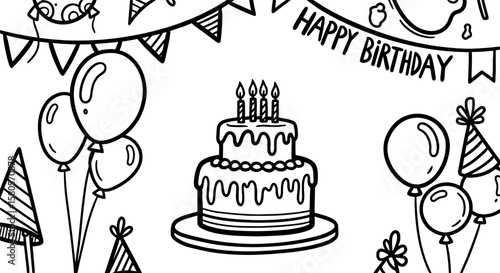Happy birthday sketch doodle icon element set. Hand drawn sketch cake, balloon, party decoration element. Holiday, carnival celebration concept background. Vector illustration.