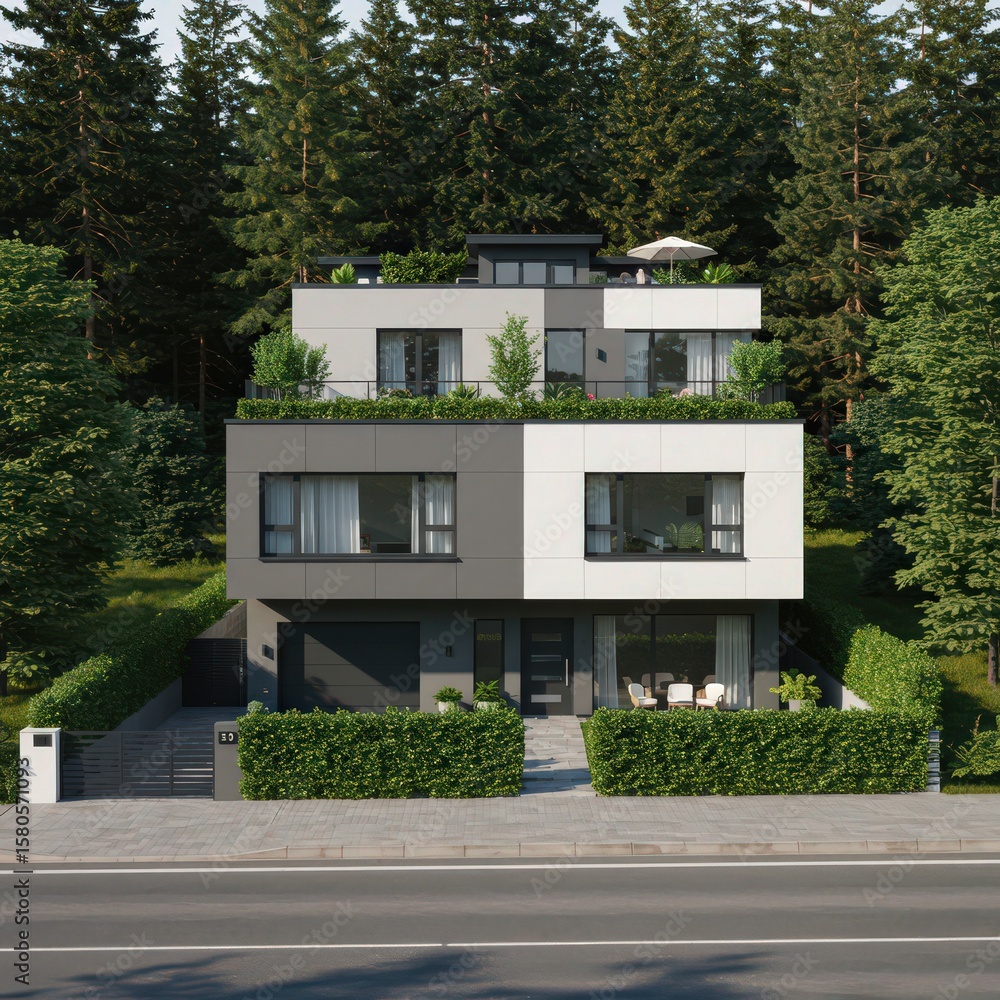 Modern home with a flat roof and trees in the background on a sunny day in a residential area Modern home with a flat roof and trees in the background on a sunny day in a residential area