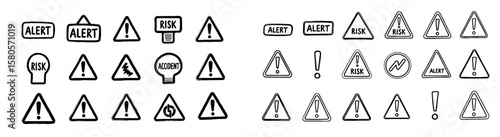 Alert danger risk caution hazard warning sign set. Hand drawn sketch doodle alert, accident, risk icon. Triangular symbol, exclamation mark, risk signs vector illustration.