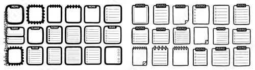 Memo frame note paper line cute planner sheet set. Notebook paper note frame for task list page, to do list sticker sheet. Hand drawn kid sketch line style reminder sticker. Vector illustration.