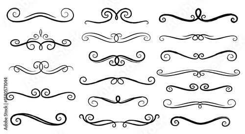 Swirl ornament divider brush frame calligraphy set. Hand drawn flourish divider, underline, curl shape banner and frame decoration set. Flourish decoration, swoosh swirl ornament. Vector illustration