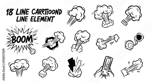 Line speed cartoon effect, boom explosion line element set. Comic boom burst, explosive smoke, line speed cartoon vector icon. Hand drawn sketch doodle action motion effect. Vector illustration