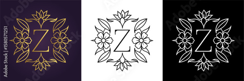 Luxury floral letter Z logo design in gold black and white versions  
