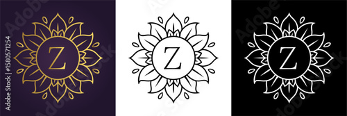 Luxury floral letter Z logo design in gold black and white versions  