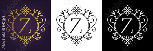 Luxury floral letter Z logo design in gold black and white versions  