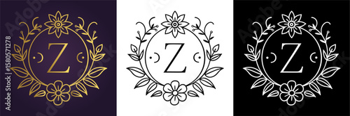Luxury floral letter Z logo design in gold black and white versions  