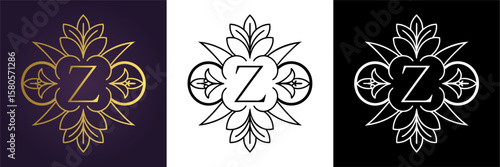 Luxury floral letter Z logo design in gold black and white versions  