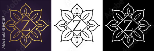 Luxury floral letter Z logo design in gold black and white versions  