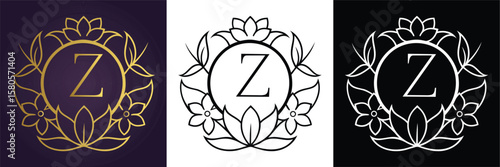 Luxury floral letter Z logo design in gold black and white versions  