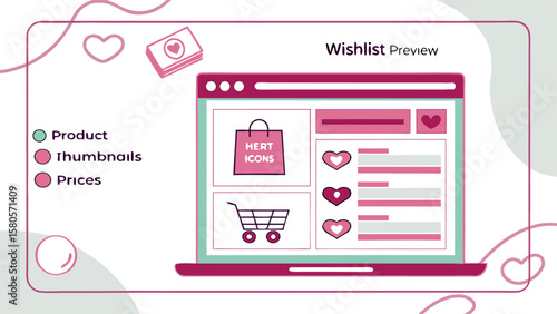 Illustration of a wishlist preview on a laptop screen with product thumbnails and pricing information shown