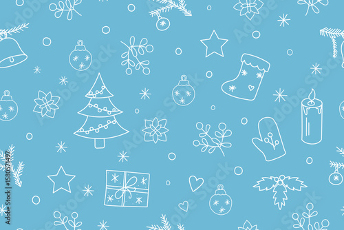 Christmas attributes isolated on a blue  background. White outline drawing. Seamless pattern under clipping mask, convenient for editing. Christmas background for paper, textile, packaging.