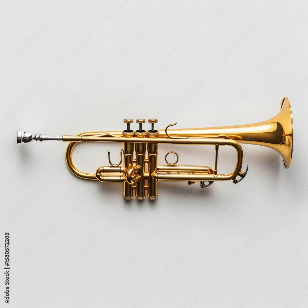 Obraz premium trumpet on white background, isolated, high-resolution, reflective metal, classical jazz instrument, shadowed below for depth