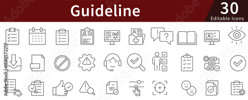 Guideline Line Icons Set with Editable Stroke for Rules, Instructions, Policy, and Process Management