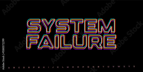 SYSTEM FAILURE glitched word. RGB distorted warning in futuristic cyberpunk style. Digital error message for tech UI or hacker alert screen. Vector illustration