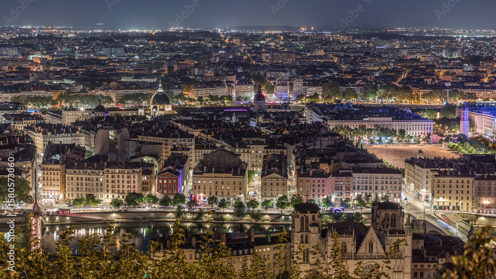 Panoramic aerial view of Lyon from Fourviere Hill at night. France Panoramic aerial view of Lyon from Fourviere Hill at night. France