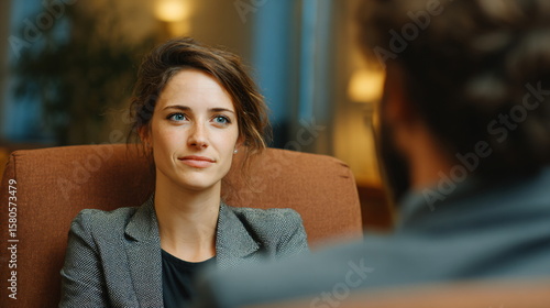 Young caucasian woman actively listening as she sits across from an unrecognizable man during a business meeting.