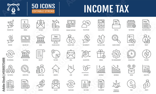 Income Tax Line Icon Set. Includes finance,
economy, investment, income tax, tax amnesty,
savings, and more. Vector Illustration with
Editable Strokes