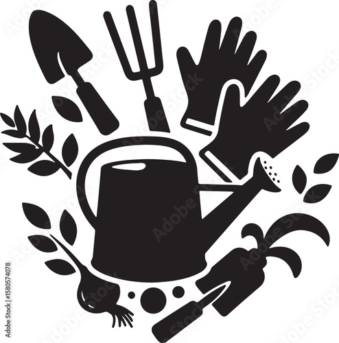 Black and white gardening tools and elements for gardening and horticulture designs