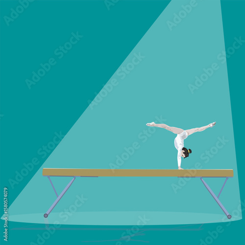 Young gymnast performs balance beam routine for artistic gymnastics in spotlight against sea green background. Sports set of pictures.
