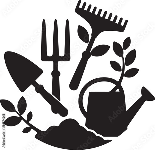 Black and white gardening tools illustration featuring shovel, rake, pitchfork, and watering can