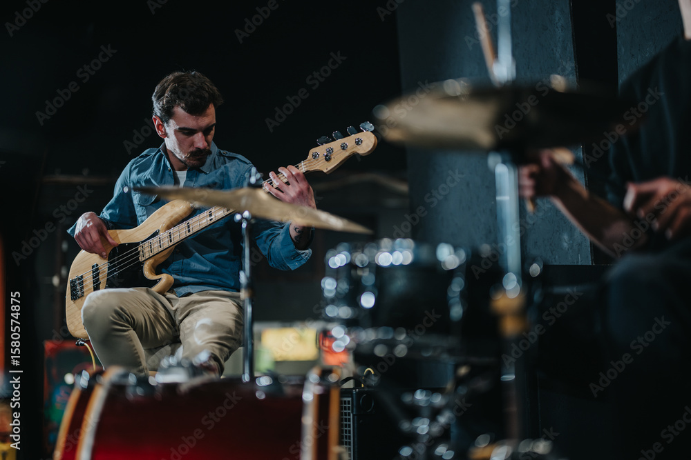 Fototapeta premium A group of musicians practicing together in a rehearsal studio, showcasing teamwork, passion, and creativity to prepare for a live performance.