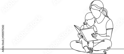 continuous single line drawing of mother looking through a book with young daughter sitting on her lap, line art vector illustration