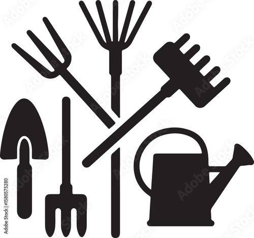 Black and white line art illustration of various gardening tools for cultivating plants