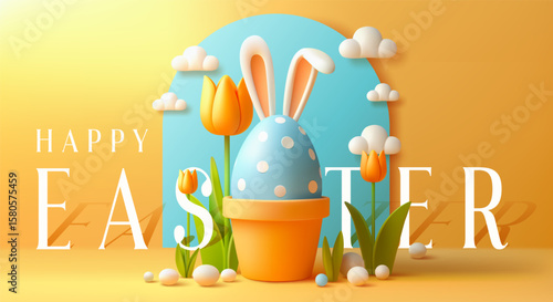 Happy Easter Holiday poster, greetings, greeting card, cover, banner, flyer, cover. Festive Easter Illustration on yellow background. Easter Day card. Easter Egg with Bunny Ears. Egg Hunt backdrop