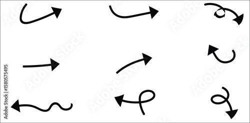 Hand drawn black arrows collection in various sketch styles including curved twisted wavy and straight forms for navigation infographic pointer highlight or minimal UI design illustration

