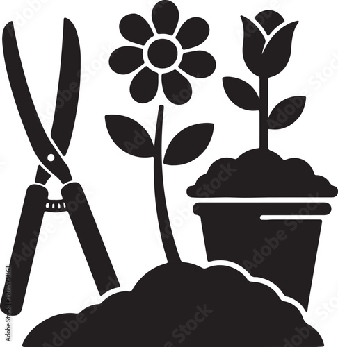 Black and white vector illustration featuring garden shears and potted flowers in a gardening scene
