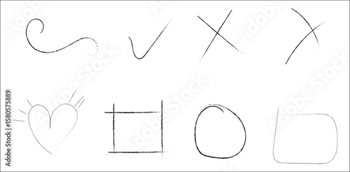 Hand drawn pencil sketch icons including heart shapes check marks crosses and geometric figures in minimal gray line style for design highlights symbols UI elements or creative layout visuals

