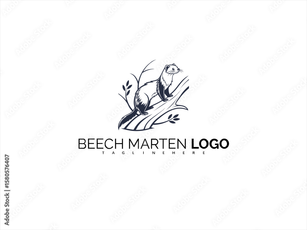 Fototapeta premium Elegant Beech Marten Logo in Artistic Wildlife Line Art. Black and White Vector for Organic Product Labels, Animal Advocacy, and Outdoor Business Branding.