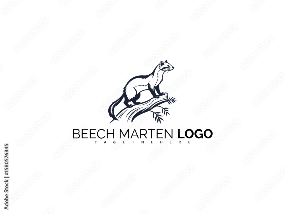 Fototapeta premium Elegant Black and White Logo of a Beech Marten on a Branch. A Refined Vector for Outdoor Branding, Wildlife Packaging, and Eco-Friendly Product Identity.