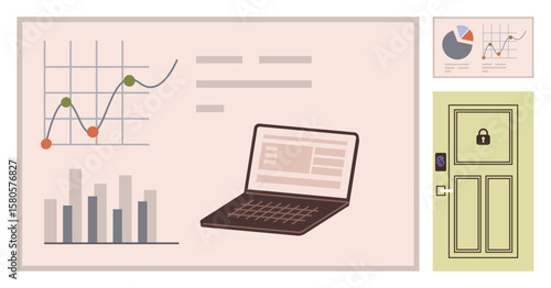 Laptop analyzing charts, bar graph, and pie chart secure door with lock keypad. Ideal for data analysis, security, technology, business strategy, research, education simple flat metaphor