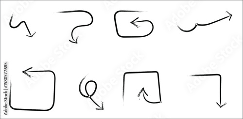 Black hand-drawn curved arrows on transparent background – sketch-style directional arrows with loops, boxes, bends, and soft corners for UI navigation, flowcharts, presentations, or graphic design us