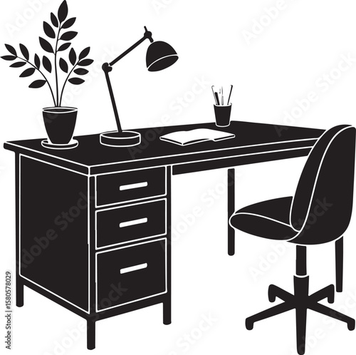 Black silhouette of a desk with a plant lamp and chair office