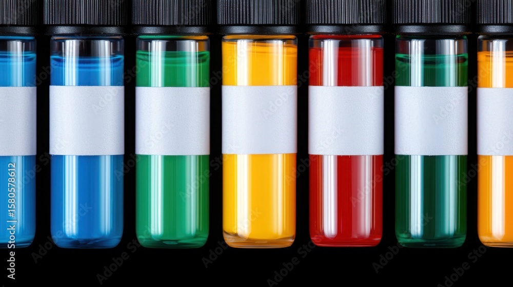 Cancer and genetics concept. Colorful test tubes filled with various liquids on a black background. Cancer and genetics concept. Colorful test tubes filled with various liquids on a black background.