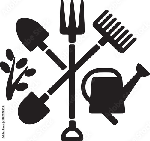Gardening tools and plant elements icon set featuring shovel fork rake and watering can
