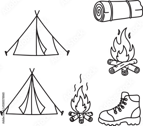 Hand-drawn camping elements featuring tents bonfires sleeping bag and hiking boot outlined
