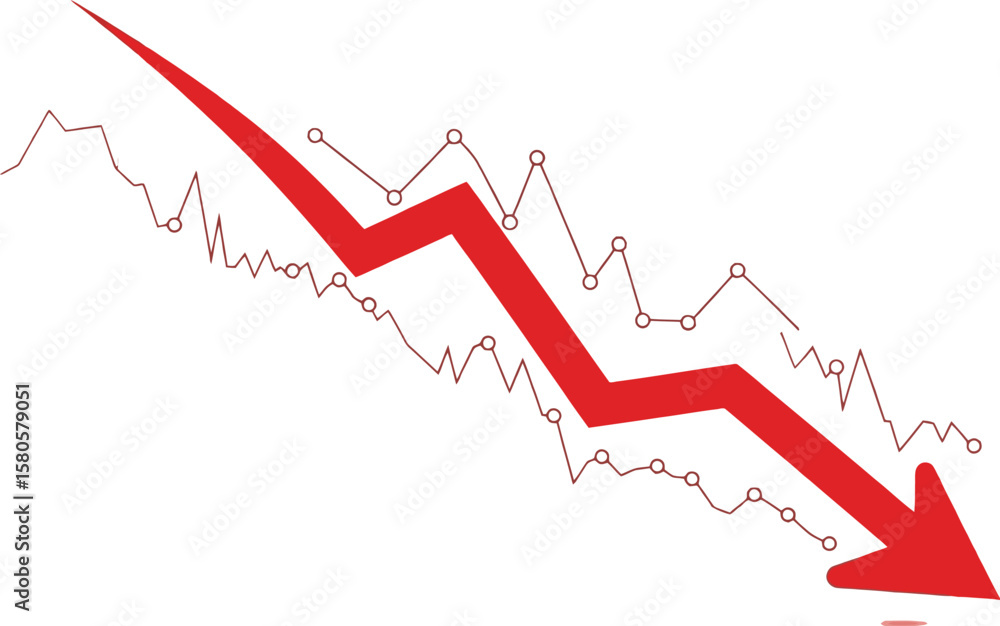 Red arrow illustrates a downward trend on a financial graph chart. Red arrow illustrates a downward trend on a financial graph chart.